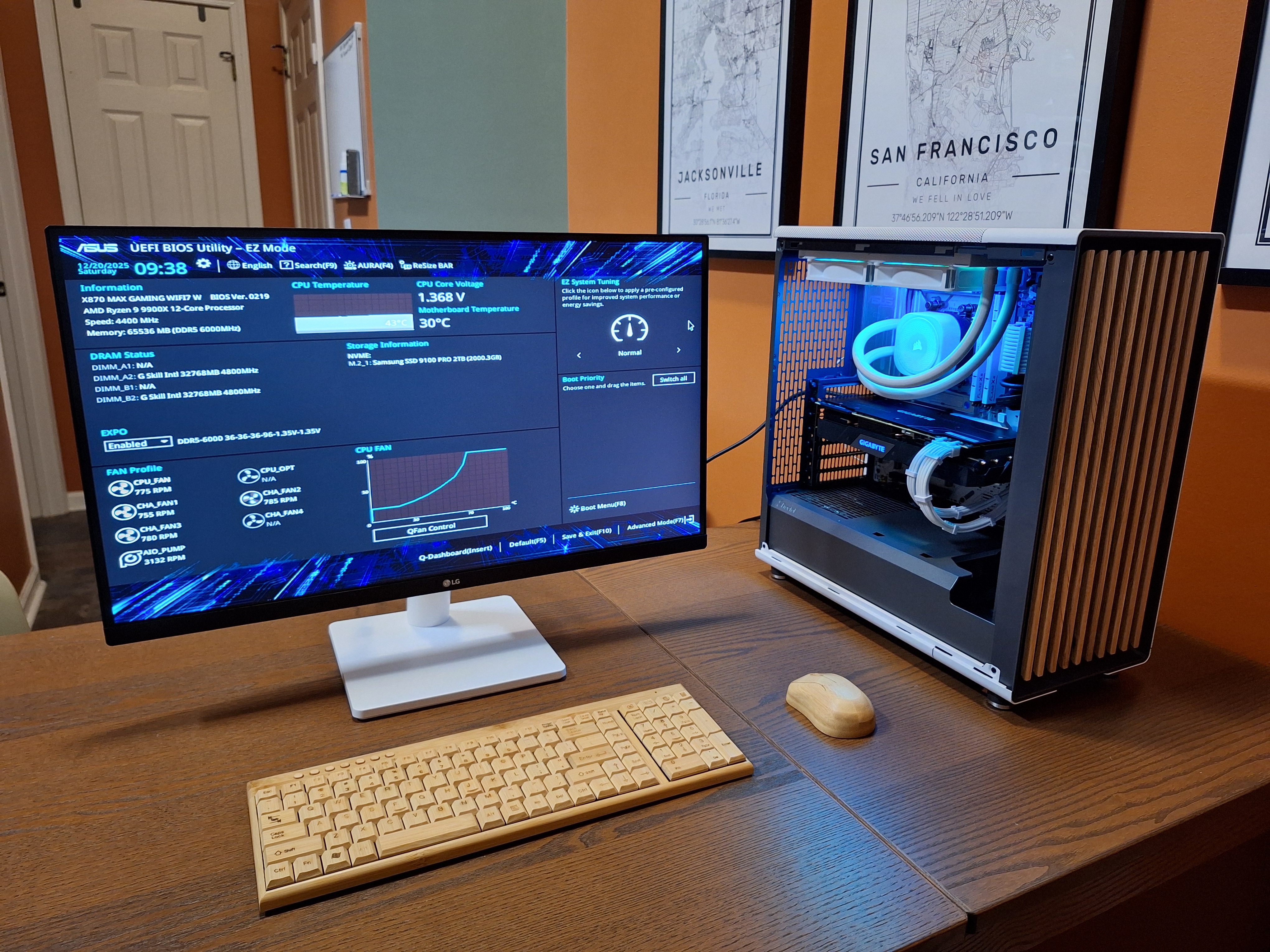 Assembled editing PC running the Asus BIOS on a connected monitor